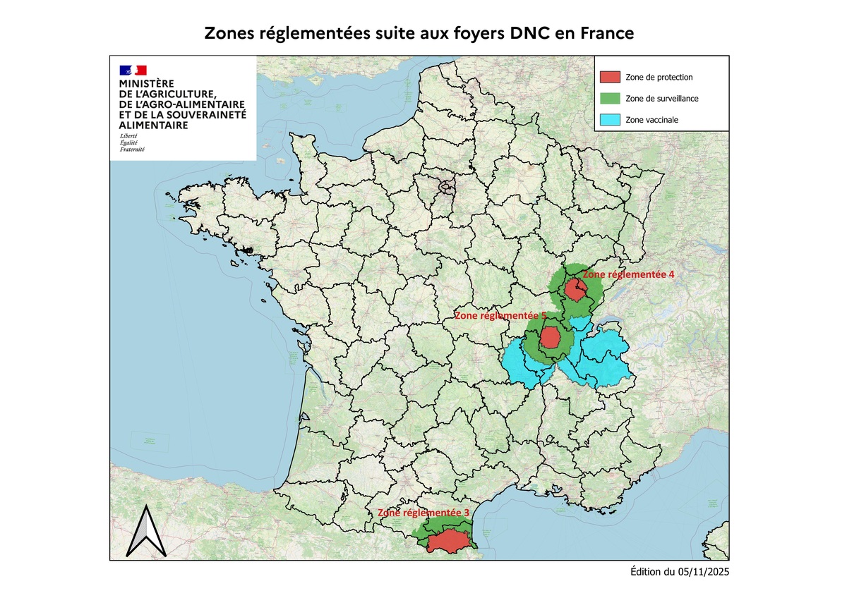 La carte des zones réglementées suite aux foyers DNC en France
