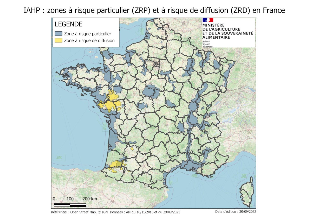 carte de France présentant les zones d'influenza aviaire