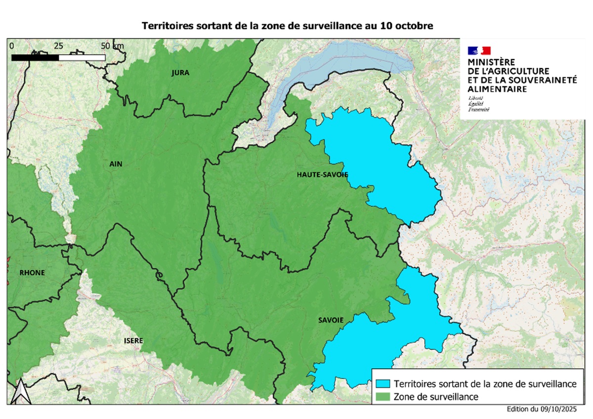 Carte de territoires sortant de la zone de surveillance de la DNC au 10 octobre 2025