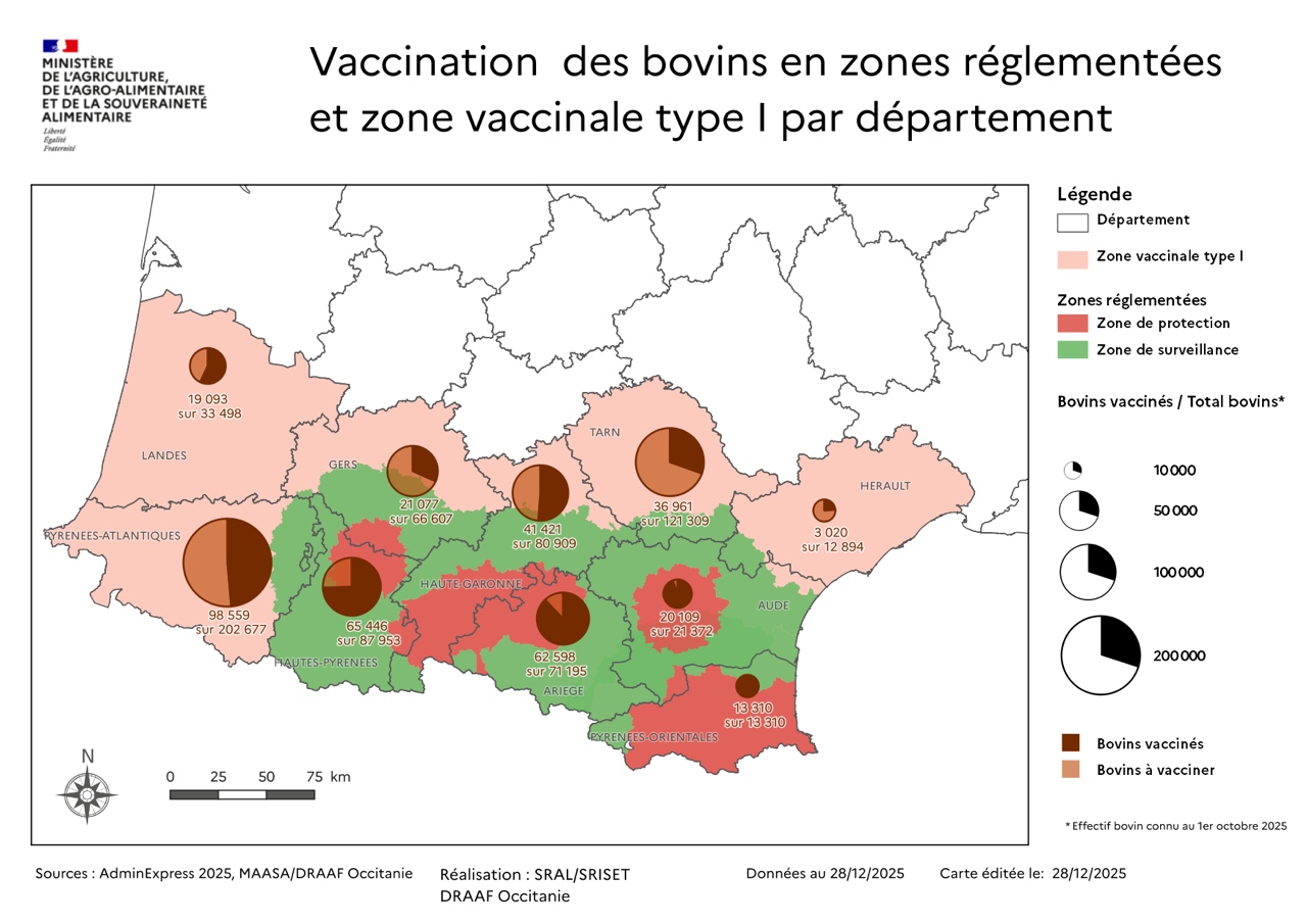 28/12/2025 - Cartographie vaccination des bovins contre la DNC Sud Ouest de la France