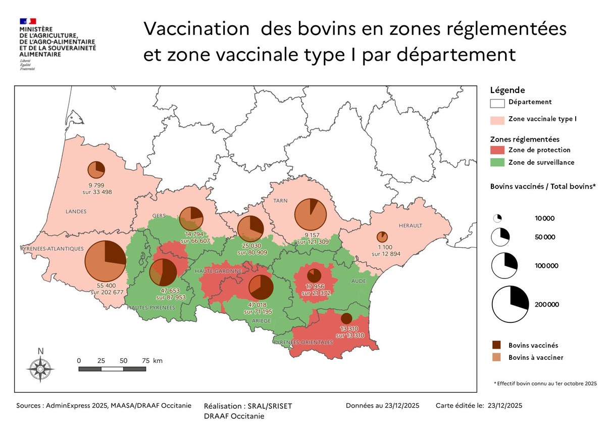 Carte des départements du Sud-Ouest de la France - Vaccination DNC (23 décembre 2025)