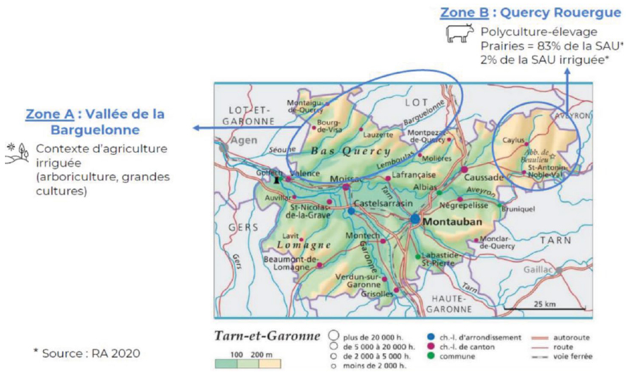 Localisations et principales caractéristiques agricoles des deux sous régions étudiées, Quercy blanc (zone A) et Quercy Rouergue (zone B)