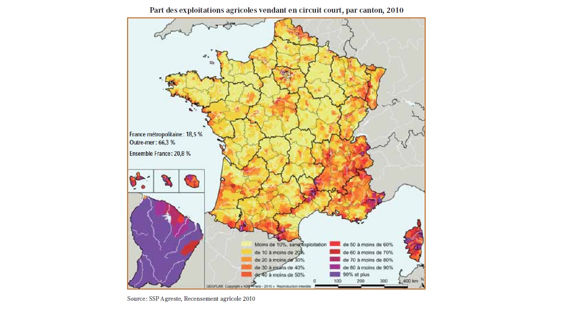carte de France présentant les évolutions géographiques de l’économie des secteurs agricole et agroalimentaire français
