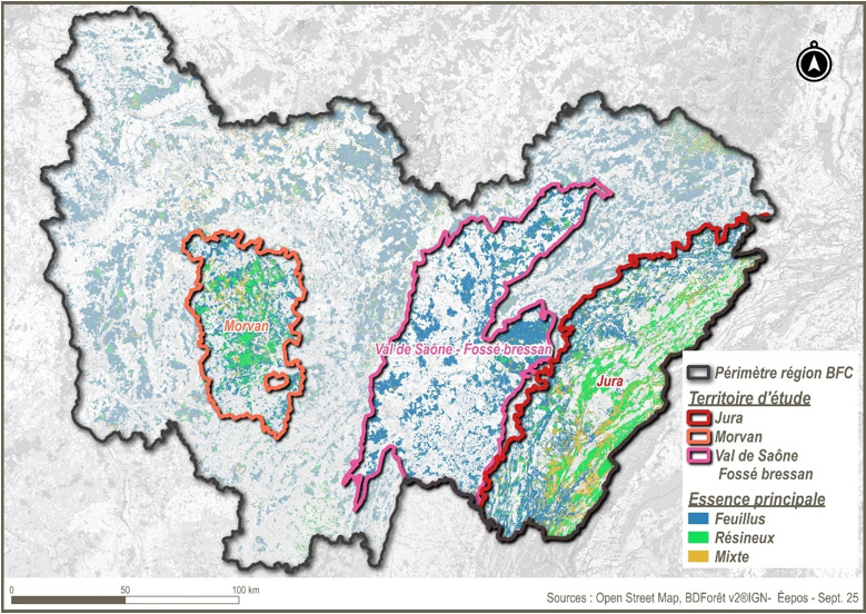 Localisation des trois territoires d’étude dans la région BFC