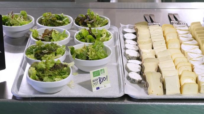 Bols individuels de salade bio disposés à côté d'un plateau de fromages tranchés