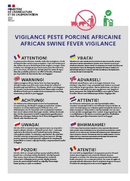 Affiche présentant la peste porcine africaine et les mesures de recommandations en 10 langues