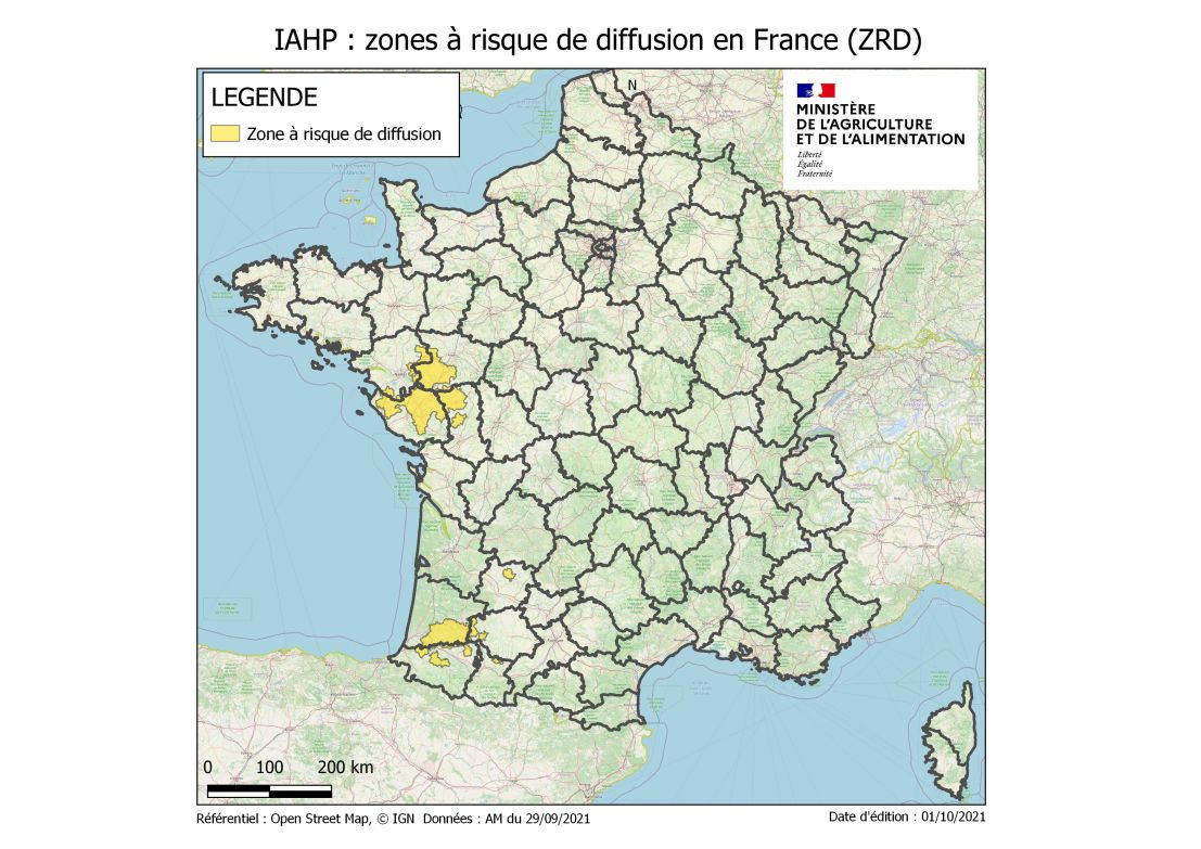 Carte de France indiquant les zones de diffusions de l'influenza aviaire en France