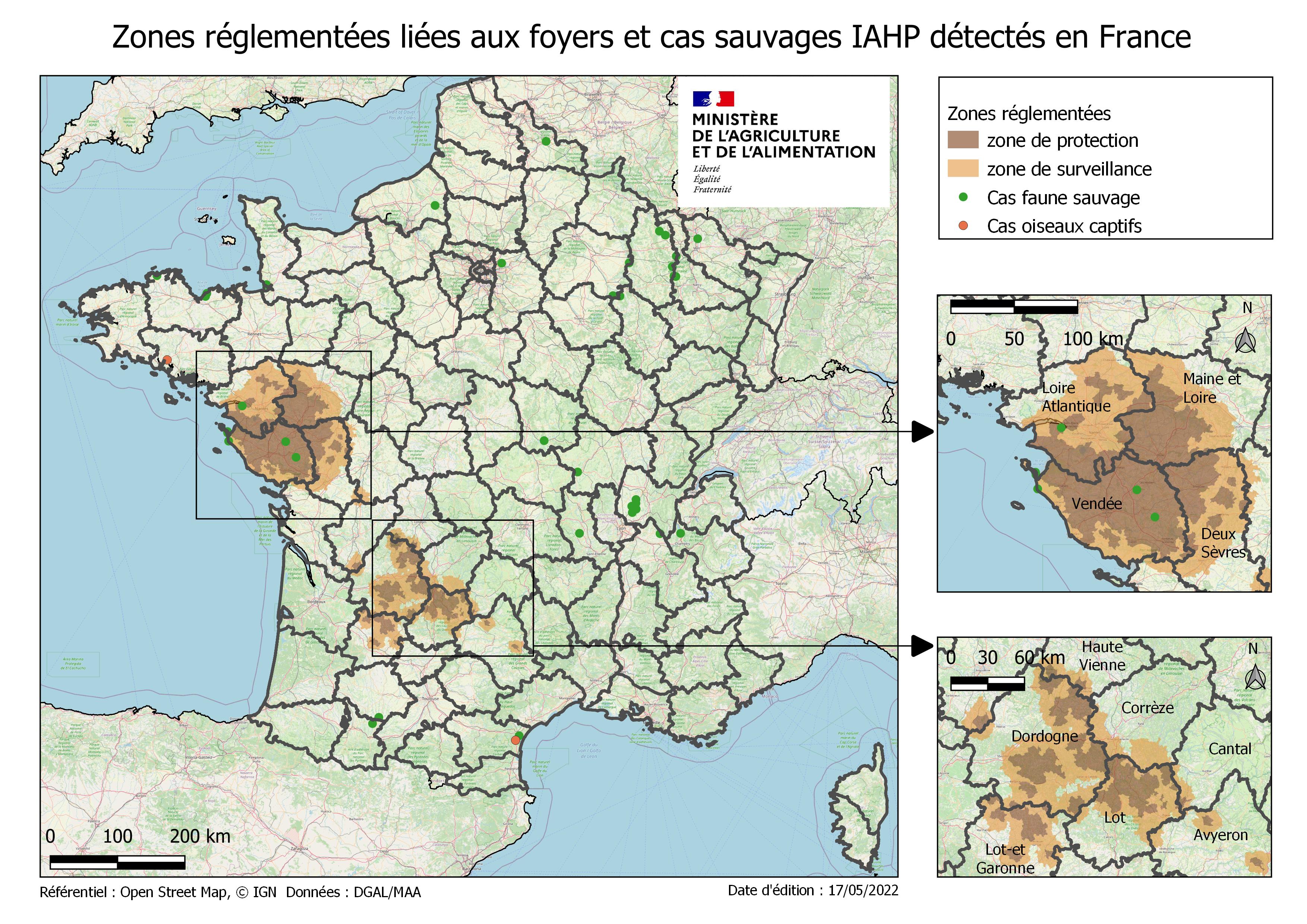 Carte présentant la répartition de l'influenza aviaire en France