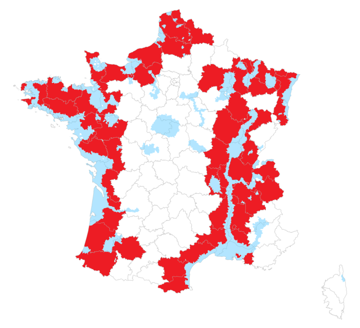 Carte des zones de prévention de l'Influenza aviaire en France