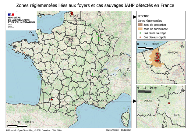 Carte france zone reglementée liées aux foyers det cas sauvages IHAP France